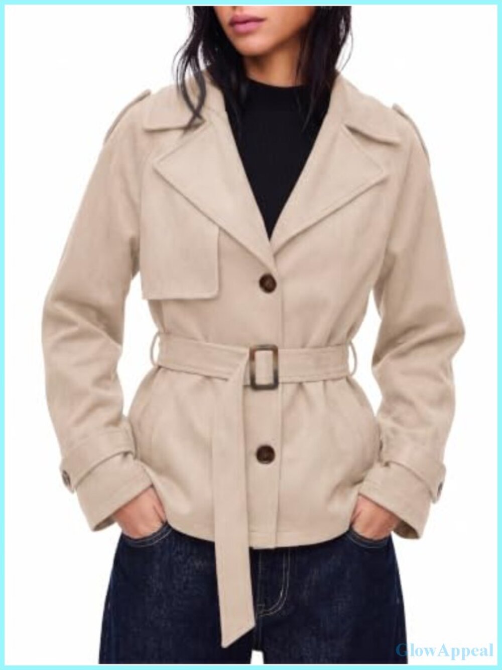 Faux Suede Short Trench Coat with Belt - Women's Casual Jacket